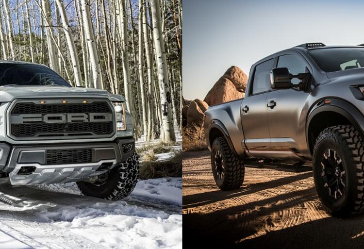 Side-by-side comparison of the 2026 Nissan Titan and Ford F-150 Raptor SuperCrew